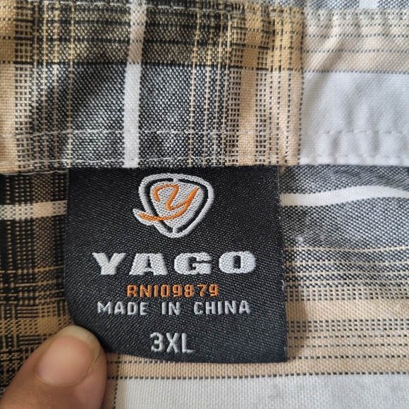 Yago Shirt Mens 3XL Short Sleeve Shirt Black Tan White Plaid Outdoor Casual - Picture 3 of 5